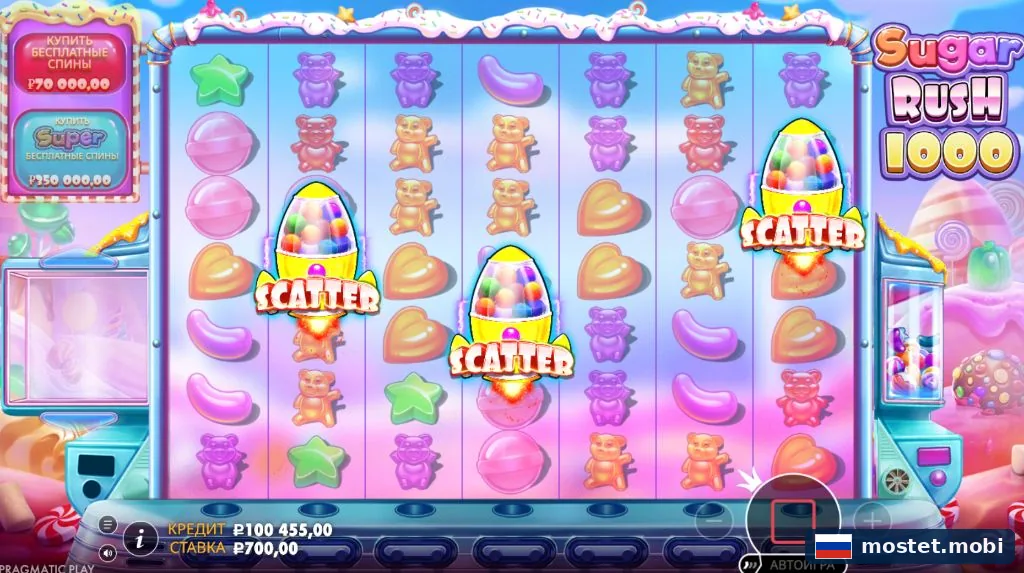 Три скаттера в слоте Sugar Rush 1000 запускают бонусные фриспины в казино Мостбет